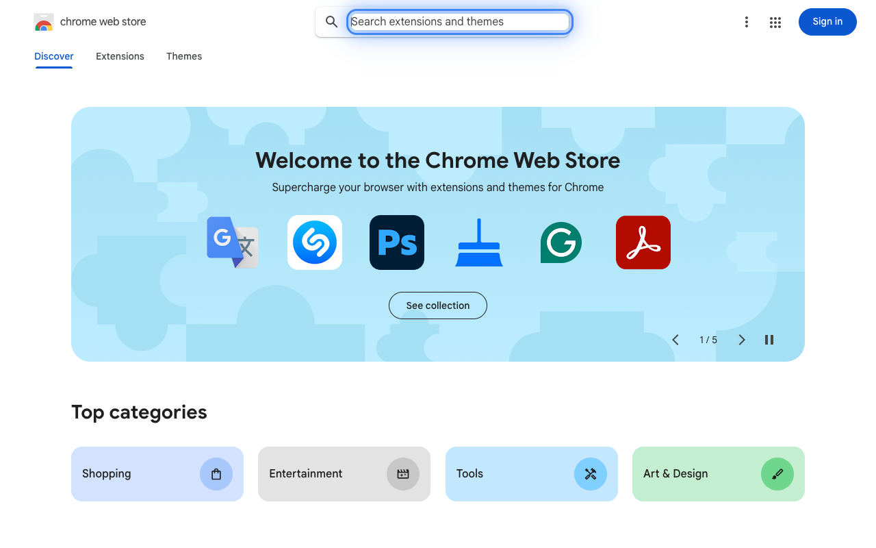 Chrome Web Store homepage in Vivaldi browser