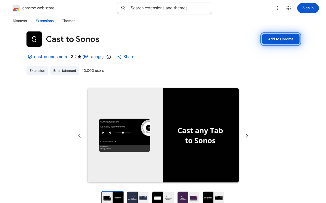 Cast to Sonos extension page with Add to Chrome button