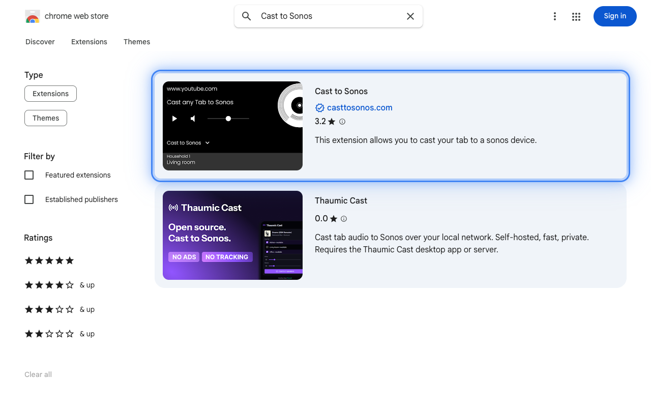 Search results for Cast to Sonos in the Chrome Web Store